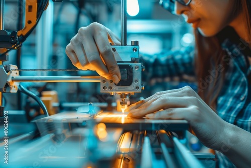 Focused female engineer fine-tuning a precision machine in a high-tech manufacturing environment, illustrating modern engineering