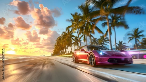 Sports car speeds along Miami beach road lined with palm trees. Concept Fast cars, Miami beach, Palm trees, Speed, Summer vibes