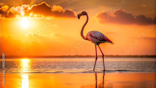 beautiful golden colored of flamingo in sunset time. AI Generative