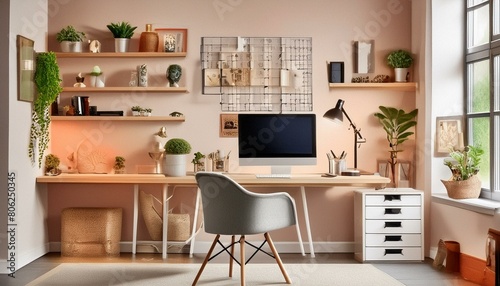 "Design a modern and functional home office in a compact space. Opt for a minimalist desk with built-in storage solutions to maximize efficiency. 