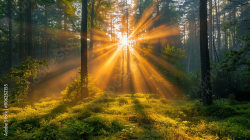 Golden rays of sunlight pierce through the dense foliage of a serene forest at dawn, creating a tranquil woodland scene.