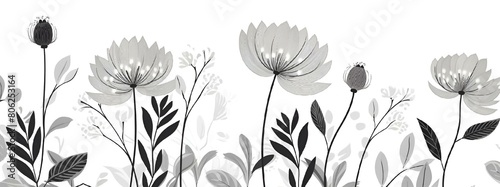 a group of black and white flowers with leafs and stems