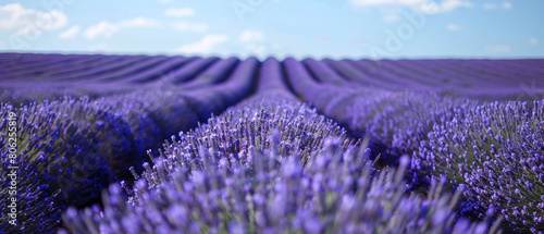Endless fields of blooming lavender lead to a beautiful horizon under a clear blue sky.