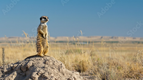 A captivating shot of a meerkat standing upright on a small mound of earth,