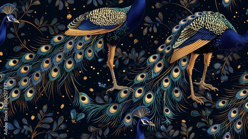 A dark blue background with a pattern of peacocks with golden feathers.