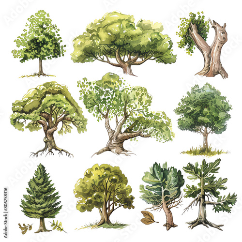 The image shows different types of trees, including pine trees, oak trees, and maple trees. The trees are all in a forest setting.