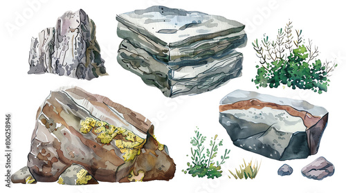 A variety of rocks and stones of different sizes and colors, with moss growing on some of them.