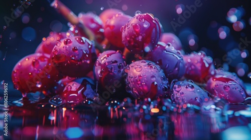 A close-up image of fresh red grapes covered in dew drops, illuminated by vibrant, colorful lighting, showcasing their juicy texture.