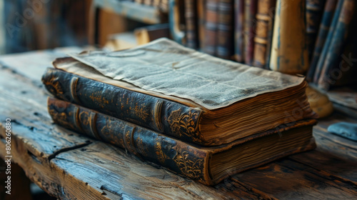 Vintage Literary Haven: Antique Books Resting on a Wooden Table