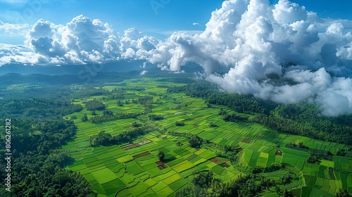 An aerial view of green fields and clouds.