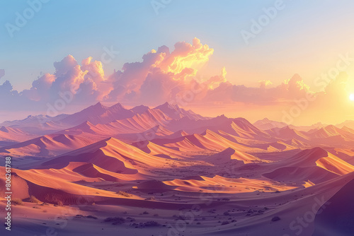 breathtaking desert landscape with rolling sand dunes at sunrise or sunset