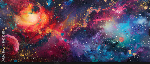Vibrant galaxy print featuring cosmic colors, swirling patterns, and twinkling stars in various hues.