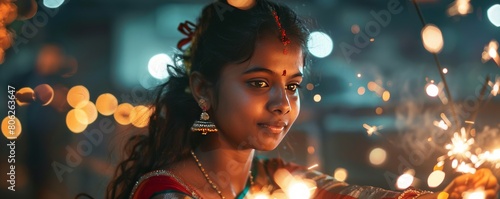 Indian pretty young girl playing with sparklers in diwali festival night