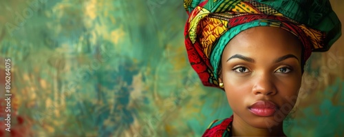Beautiful fictional African woman with headscarf in red, green and yellow (African colors) for black history month, juneteenth or remembrance abolition
