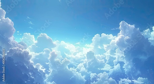 Electric blue sky with fluffy white clouds floating in the atmosphere