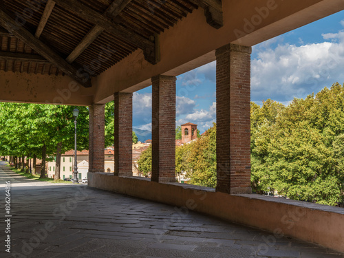 View of Lucca historical center from city walls porch
