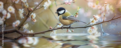 A great tit perches delicately on a blossoming branch over calm water, its reflection mirroring its pose