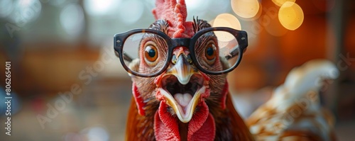 Crazy loud chicken wearing glasses and yelling loudly.