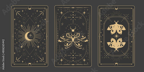 Tarot reverce border magic sacred cover card frame gold line border celelstial mystery esoteric decoration with moth stars and moon on dark background.