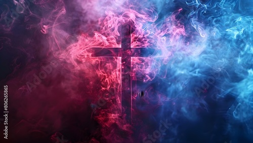 Symbolism of a Christian cross surrounded by red and blue smoke representing moral decisions. Concept Christianity, Cross Symbolism, Red Smoke, Blue Smoke, Moral Decisions