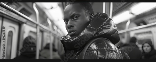 Strange man with weird expression wearing absurd puffy jacket on a New York subway.