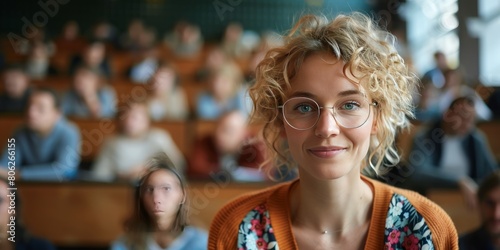 radiant female teacher with a floral cardigan in a bustling university lecture hall looking at camera