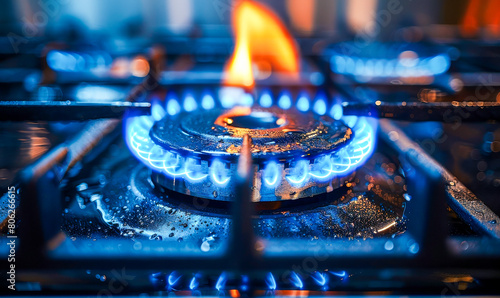 Commercial Kitchen Gas Burner with Blue Flames.