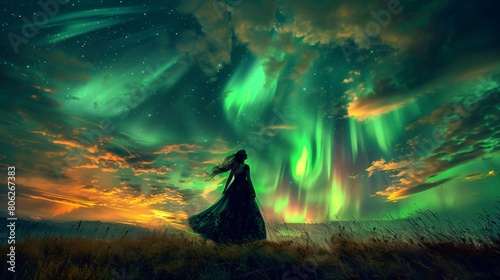 A fairy painting streaks of aurora in the sky, each brushstroke restoring youth to the landscape below.