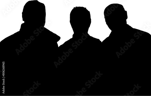 The image is a black and white silhouette of three people standing side by side. The figures are depicted in profile, facing to the left. Each person appears to be wearing a jacket or a similar type.