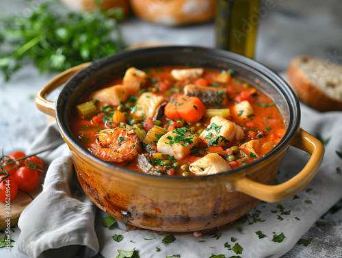 Bouillabaisse provençale, exemple de soupe de poissons typique du sud de la France, gastronomie française aux fruits de mer