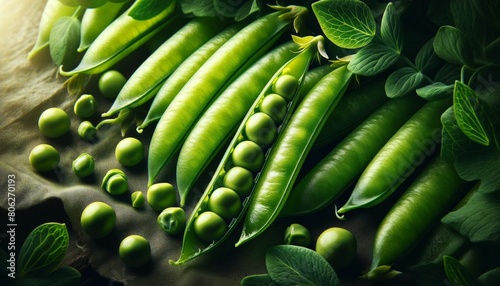 Closeup of Fresh Green Peas Pods with Lush Leaves