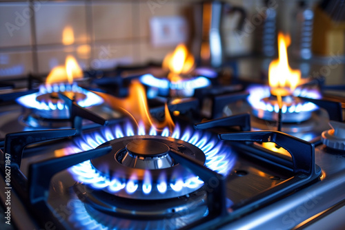 Close Up of Gas Stove With Blue Flames
