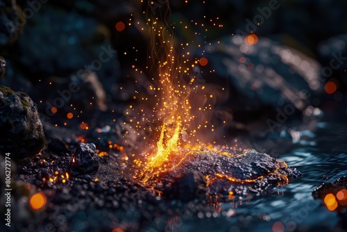 An intimate look at the initial moments of a fire, where the first embers and sparks begin to emerge from the darkness. 