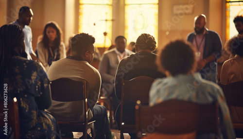 of individuals from different backgrounds coming together for a prayer meeting in a church, showcasing community and unity, church, conference, with copy space