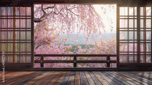 Wooden Japanese sliding window and beautiful weeping cherry tree outside 8k