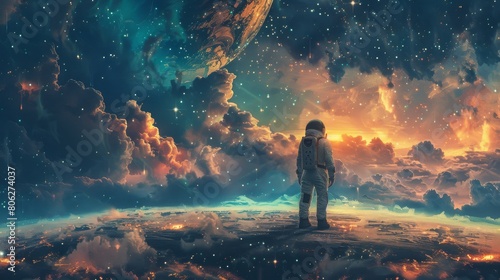 An astronaut stands on a distant planet and gazes at the stars, contemplating the beauty of the universe.