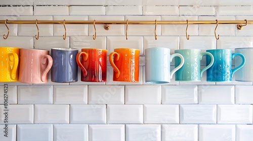 A row of colorful ceramic mugs hanging from hooks against a white backsplash, adding personality to the kitchen.