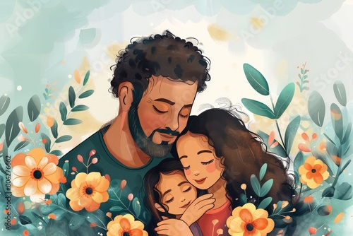 Fathers day card vector illustration. Fathers day vector illustration. Father hugging his daughter. Father and daughter portrait. Father with kids portrait. Happy father's day