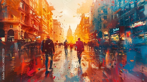 Impressionist painting of a busy city street with people walking in the rain.