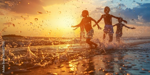 Two Children Running on the Beach at Sunset
