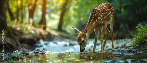 A beautiful deer gracefully drinking from a peaceful forest stream under a tranquil canopy.