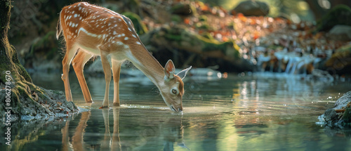 Elegant deer peacefully sipping water in a serene forest stream under the sunlight reflections.