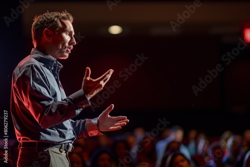 A man passionately delivers a keynote speech on stage in front of a large crowd of people