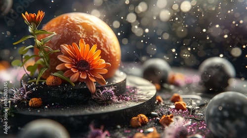 Surreal image of an orange with flower petals floating around it.