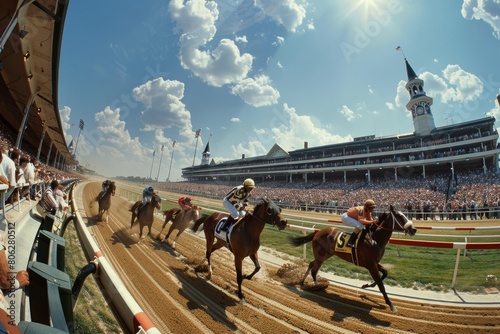 A group of people enthusiastically riding on the backs of horses during a derby horse racing event, seen from a high angle