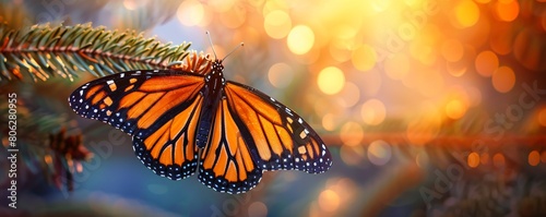 Monarch butterfly breaking free from its shimmering cocoon against a backdrop of dawn, symbolizing rebirth.