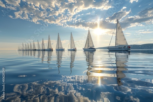 A group of sailboats participating in a regatta race, floating on calm water with reflections