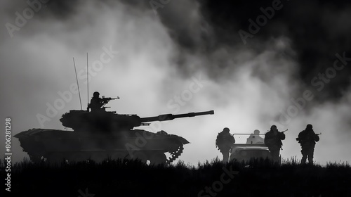 Silhouetted Military Patrol with Tank in Misty Landscape