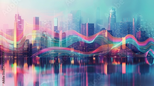 Futuristic cityscape with seismic waves flowing through, illustrating the concept of urban earthquakes and their impact. Vibrant energy and dynamic motion depicted