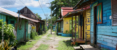 Traditional wooden houses in Georgetown, Guyana, showcasing unique V6 architectural style with raw textures.